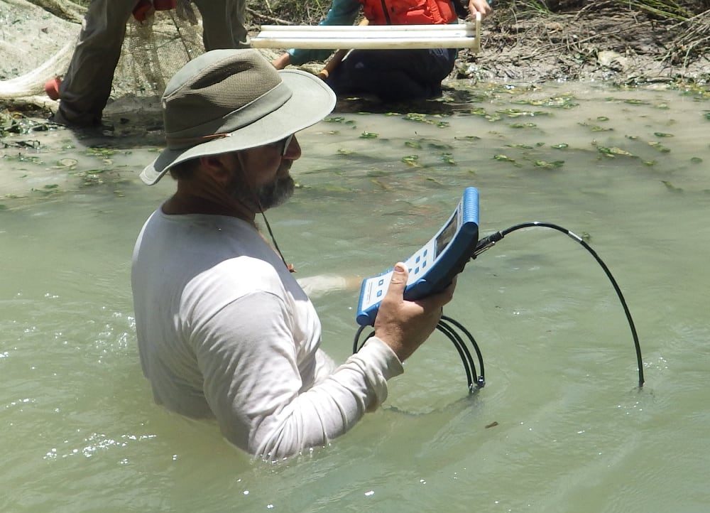 <p><strong>Gathering field parameters on the Nueces seg. 2104 near Tilden.</strong></p>
<p>A data sonde is used to gather filed parameters like Dissolved Oxygen, PH and Conductivity. Sometimes sondes are left overnight to capture the diurnal fluctuations in Oxygen levels.</p>
